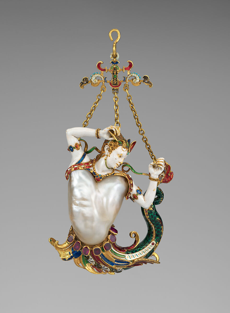 Pendant in the form of a siren, Baroque pearl with enameled gold mounts set with rubies, European 