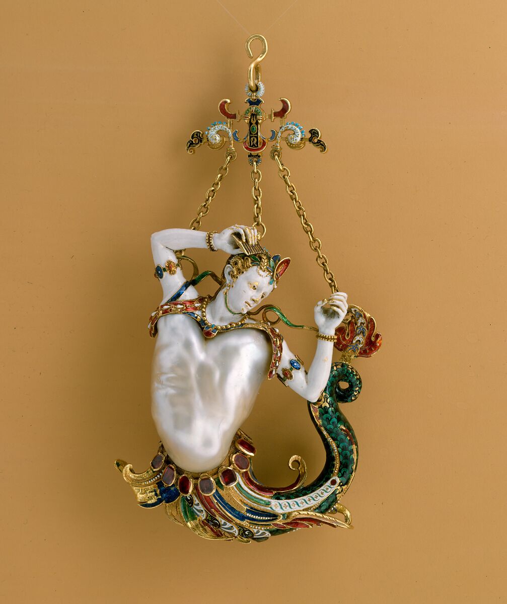Pendant in the form of a siren, Baroque pearl with enameled gold mounts set with rubies, European 