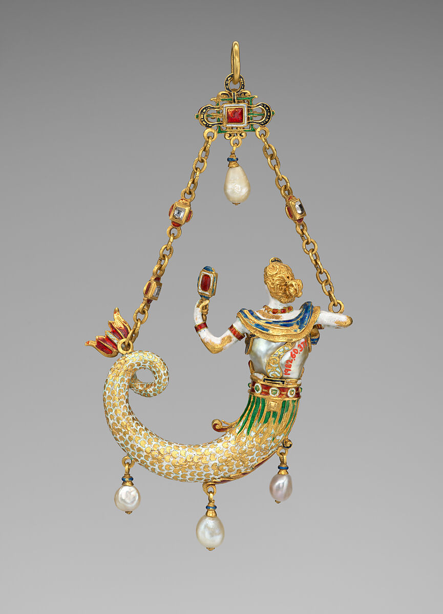 Pendant in the form of a mermaid, Probably based on a design by Reinhold Vasters (German, Erkelenz 1827–1909 Aachen), Baroque pearl with enameled gold mounts set with diamonds and with pendant pearls, German or French