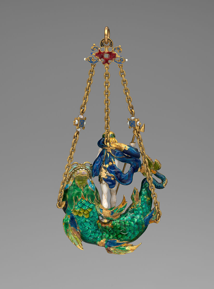 Pendant in the Form of Neptune and a Sea Monster, Baroque pearl with enameled gold mounts set with rubies, diamonds, pearls, probably Netherlandish