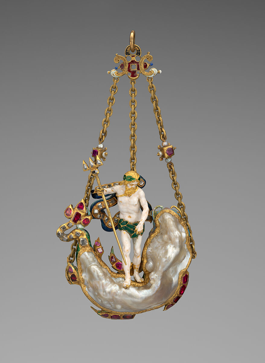 Pendant in the Form of Neptune and a Sea Monster, Baroque pearl with enameled gold mounts set with rubies, diamonds, pearls, probably Netherlandish 