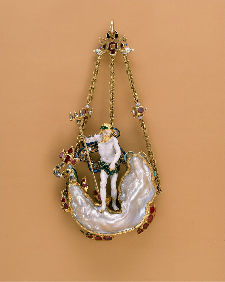 Pendant in the Form of Neptune and a Sea Monster, Baroque pearl with enameled gold mounts set with rubies, diamonds, pearls, probably Netherlandish 