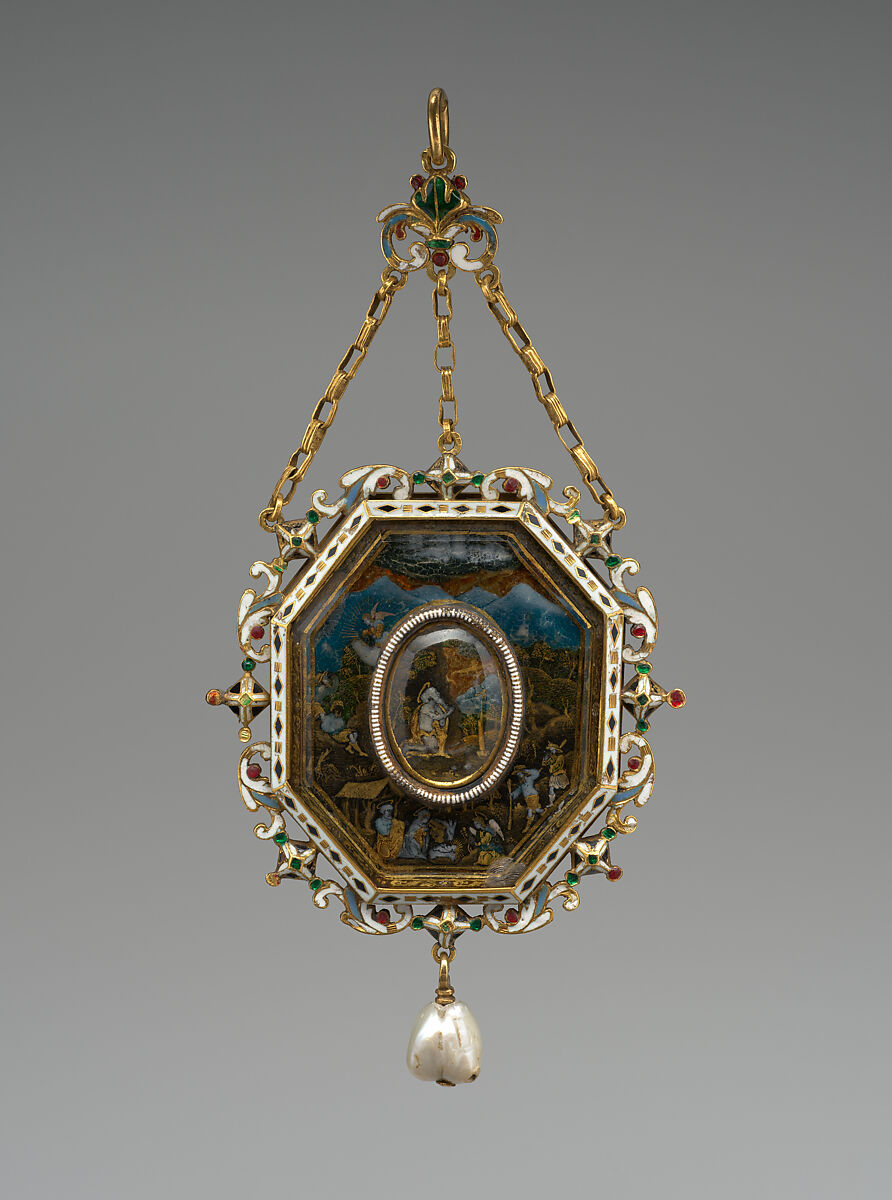 Pendant with Scenes from the Life of Christ and Two Saints, Reinhold Vasters (German, Erkelenz 1827–1909 Aachen), Verre eglomisé with enameled gold mounts and with a pendant pearl, German or French
