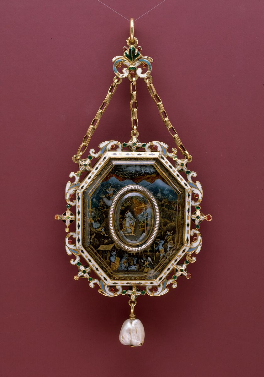 Pendant with Scenes from the Life of Christ and Two Saints, Reinhold Vasters (German, Erkelenz 1827–1909 Aachen), Verre eglomisé with enameled gold mounts and with a pendant pearl, German or French 