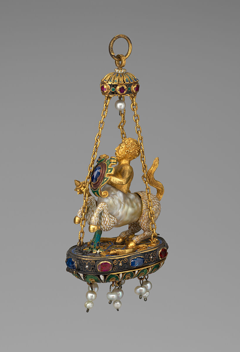 Pendant in the form of a centaur, Baroque pearl with enameled gold mounts set with sapphires and rubies, and with pendent pearls, possibly Spanish