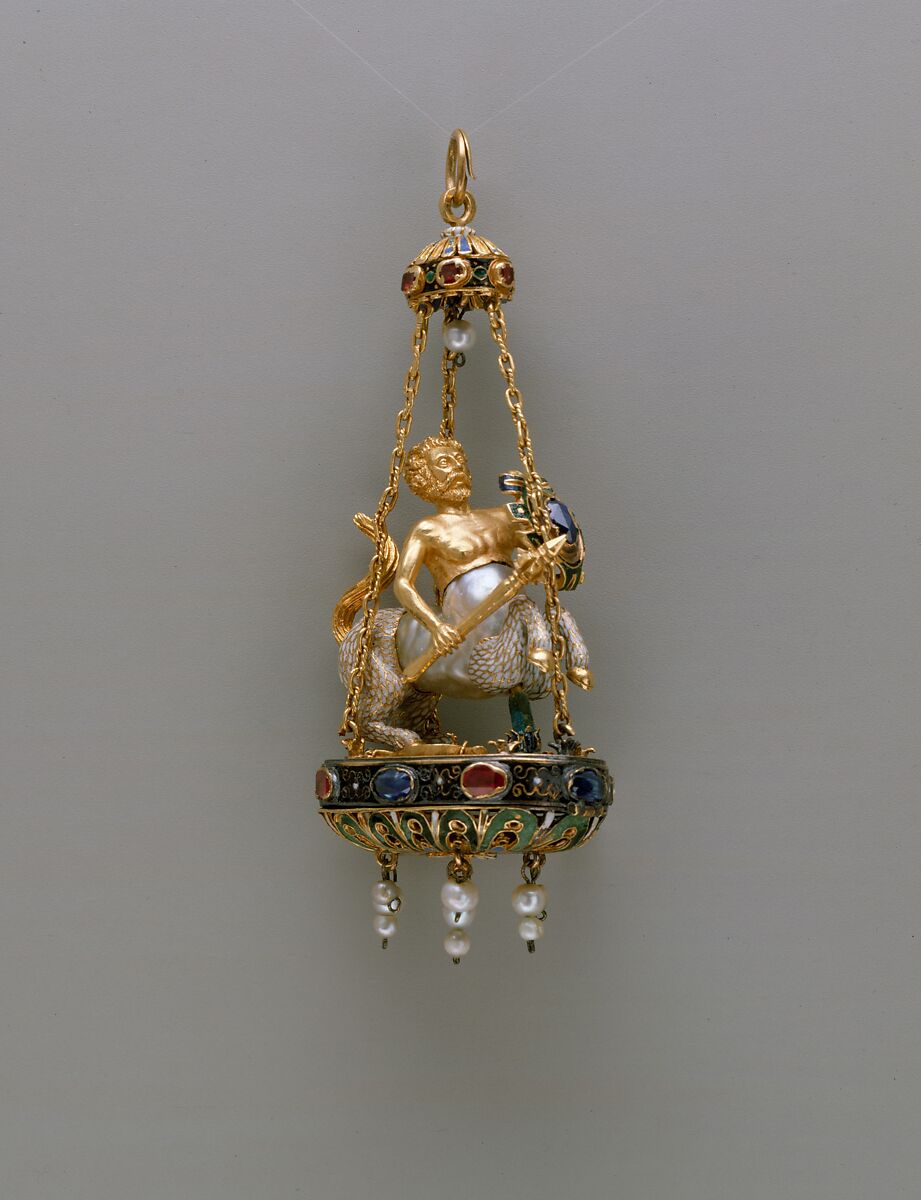 Pendant in the form of a centaur, Baroque pearl with enameled gold mounts set with sapphires and rubies, and with pendent pearls, possibly Spanish 