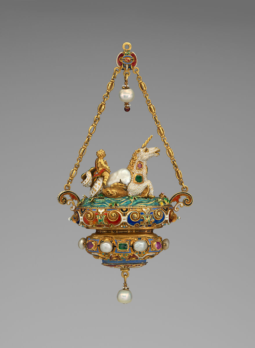 Pendant with a Triton Riding a Unicorn-like Sea Creature, Reinhold Vasters (German, Erkelenz 1827–1909 Aachen), Baroque pearl mounted with enameled gold set with pearls, emeralds and rubies and with pendent pearls, probably German or French