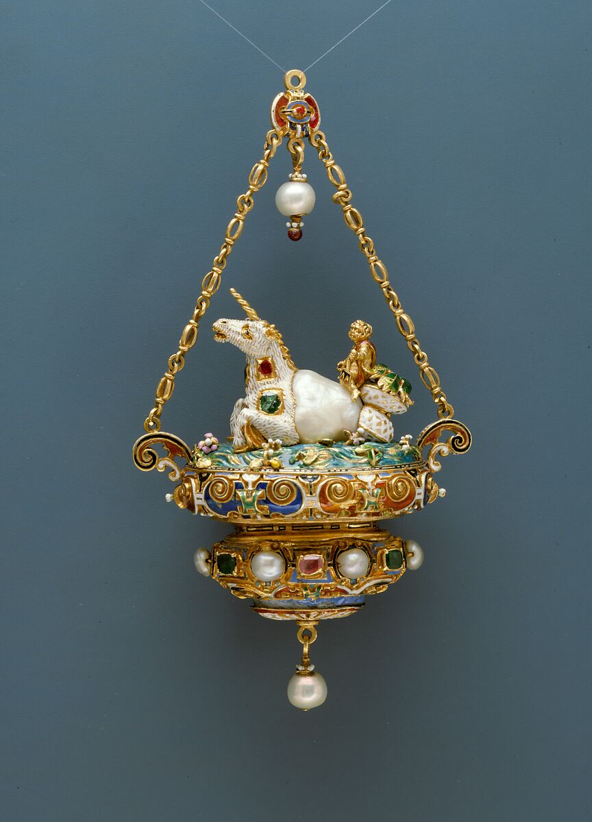 Pendant with a Triton Riding a Unicorn-like Sea Creature, Reinhold Vasters (German, Erkelenz 1827–1909 Aachen), Baroque pearl mounted with enameled gold set with pearls, emeralds and rubies and with pendent pearls, probably German or French 