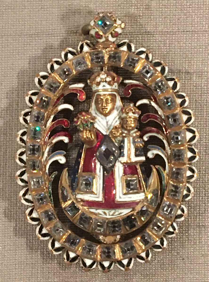 Pendant with the Virgin and Child, Enameled gold set with diamonds and a ruby, Spanish 