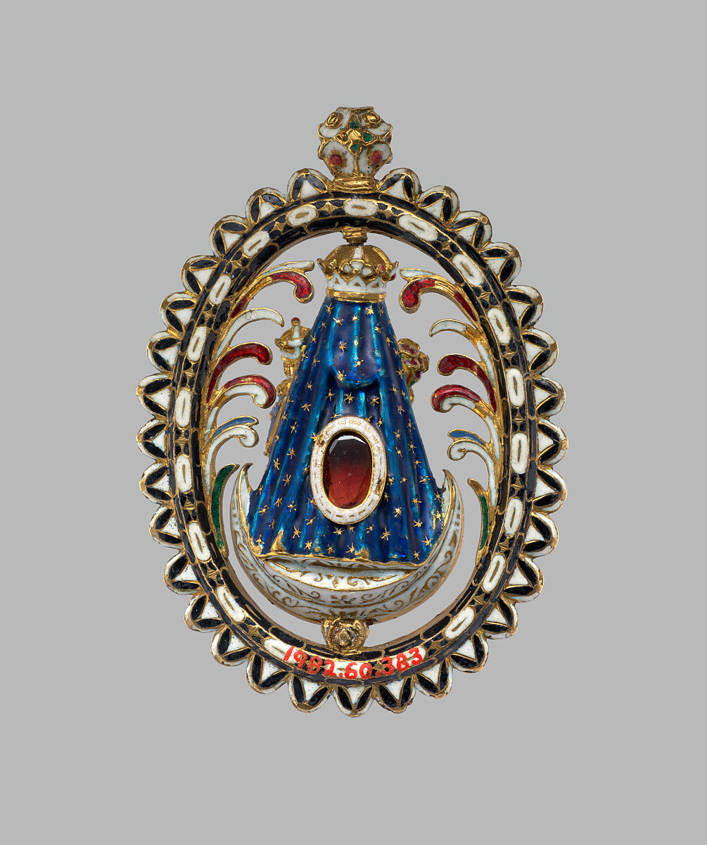 Pendant with the Virgin and Child, Enameled gold set with diamonds and a ruby, Spanish