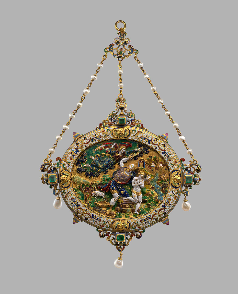 The Sacrifice of Isaac, Probably after a design by Reinhold Vasters (German, Erkelenz 1827–1909 Aachen), Enameled gold set with emeralds, rubies, and pearls and with pendant pearls, probably French or German 