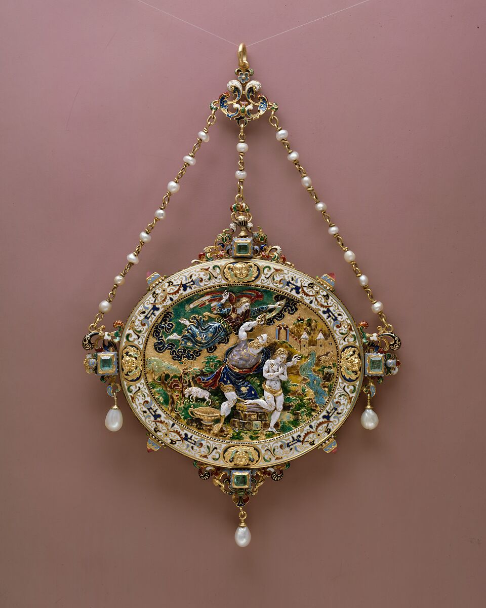 The Sacrifice of Isaac, Probably after a design by Reinhold Vasters (German, Erkelenz 1827–1909 Aachen), Enameled gold set with emeralds, rubies, and pearls and with pendant pearls, probably French or German 