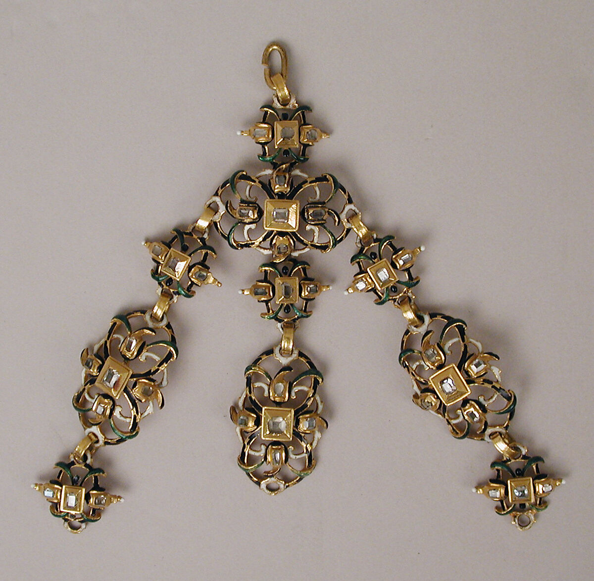 Rosette, Gold, partly enameled and set with diamonds, emeralds, spinels, and pearls, probably Hungarian