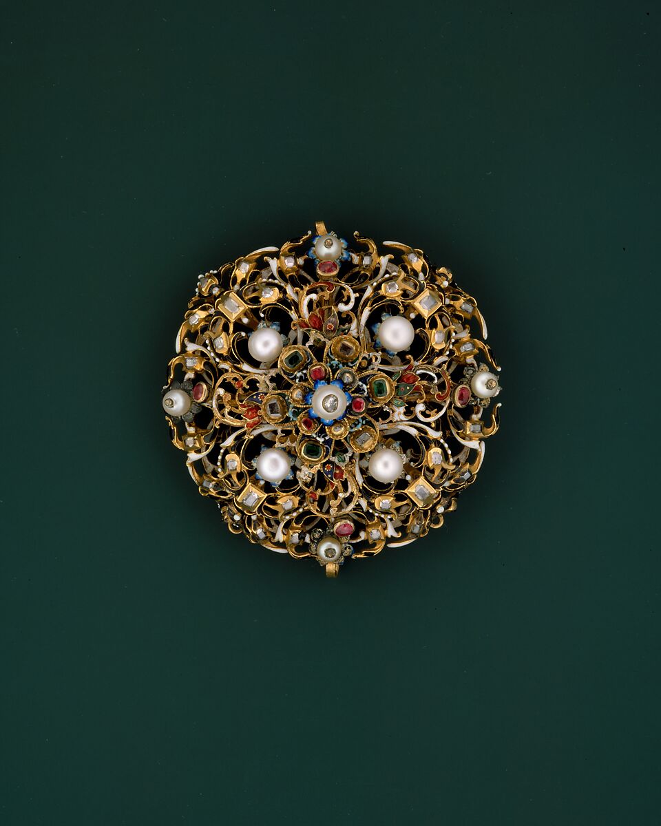 Rosette, Gold, partly enameled and set with diamonds, emeralds, spinels, and pearls, probably Hungarian 