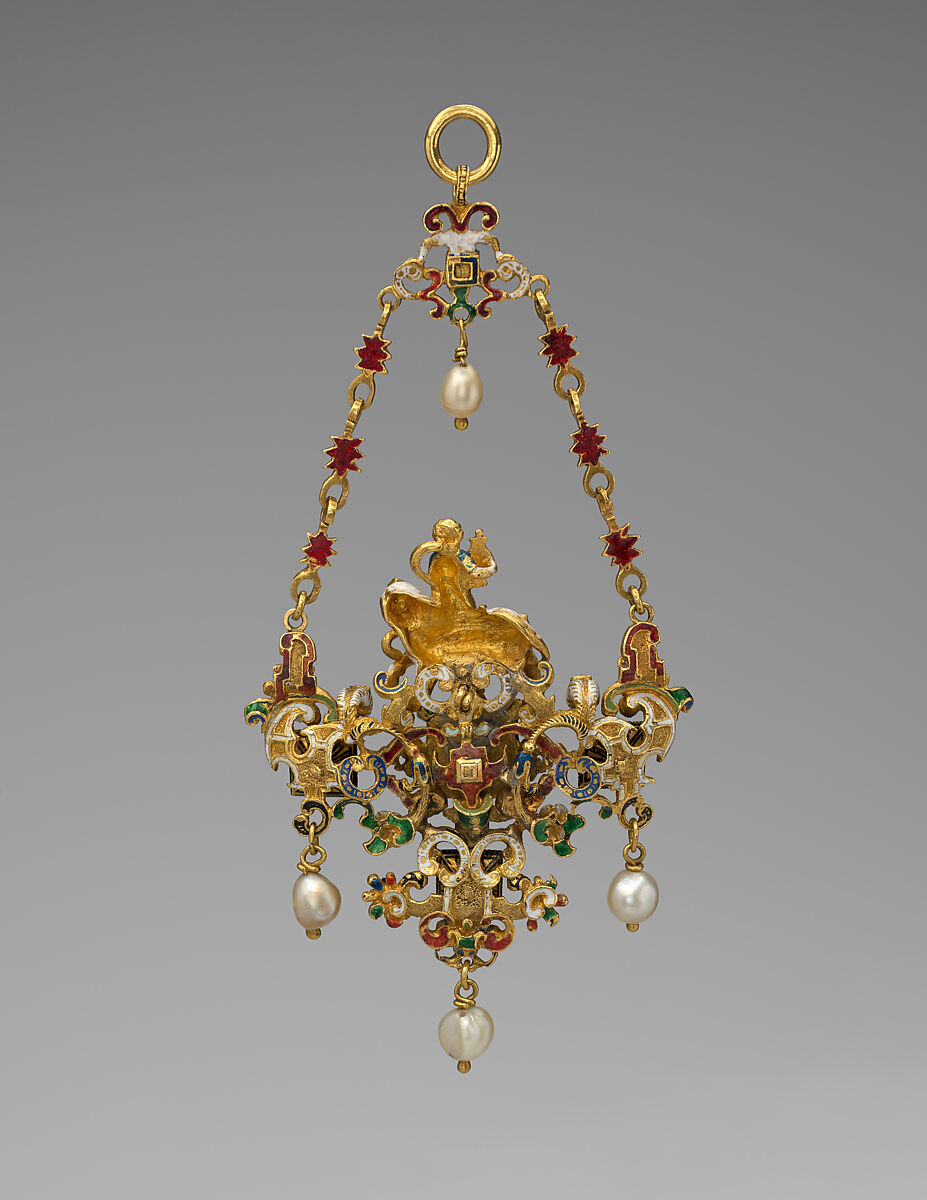 Pendant with a Youth Playing a Lyre and Riding an Elephant, Enameled gold set with diamonds and rubies and with pendant pearls, European