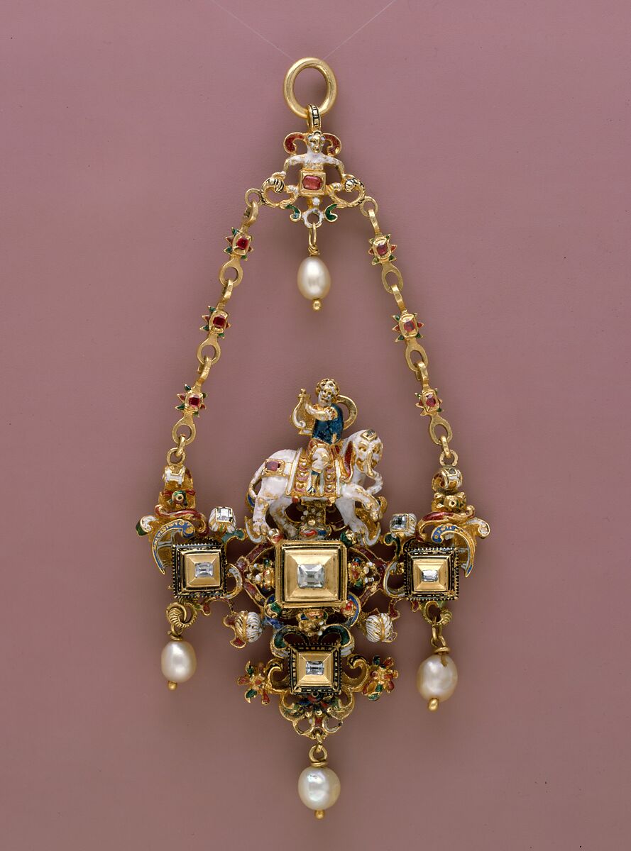 Pendant with a Youth Playing a Lyre and Riding an Elephant, Enameled gold set with diamonds and rubies and with pendant pearls, European 