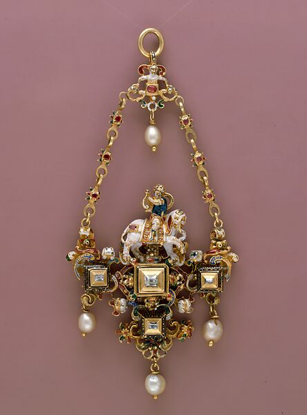 Pendant with a Youth Playing a Lyre and Riding an Elephant, Enameled gold set with diamonds and rubies and with pendant pearls, European 