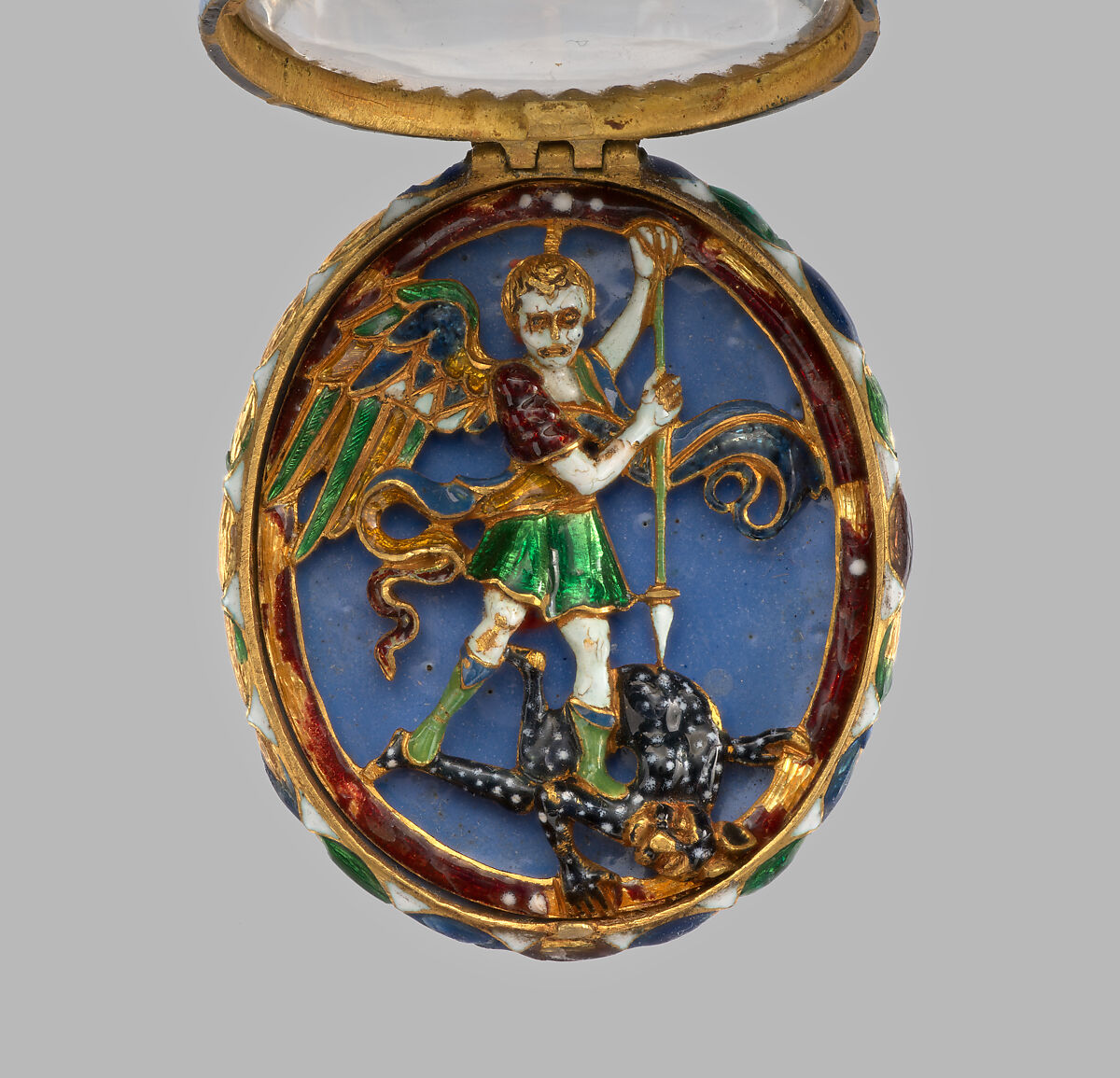 Locket, Gold, partly enameled; rock crystal, probably French