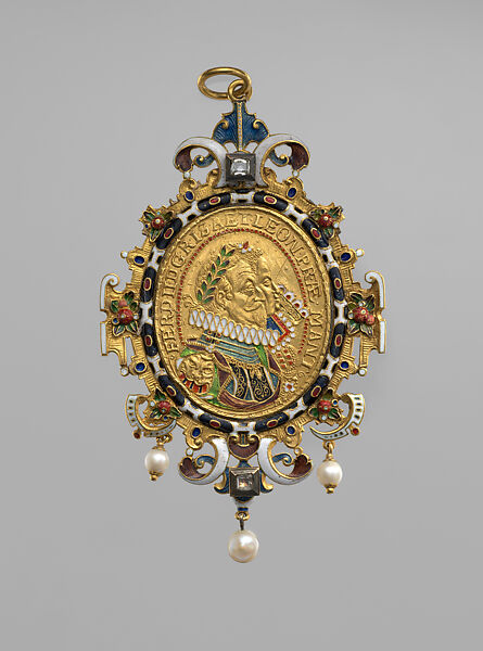 Pendant with Emperor Ferdinand II and Empress Eleanor Gonzaga, Enameled gold set with diamonds and with pendant pearls, European 