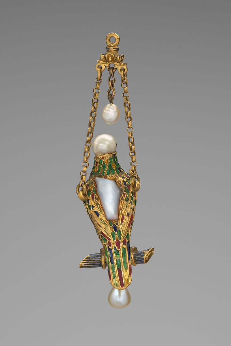 Pendant in the form of a parrot, Baroque pearls with enameled gold mounts and with pendant pearls, probably Spanish