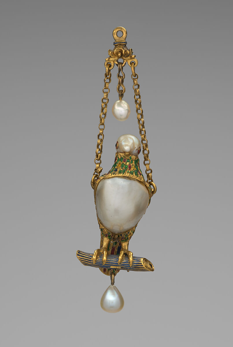 Pendant in the form of a parrot, Baroque pearls with enameled gold mounts and with pendant pearls, probably Spanish