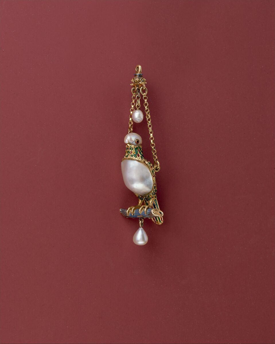 Pendant in the form of a parrot, Baroque pearls with enameled gold mounts and with pendant pearls, probably Spanish 