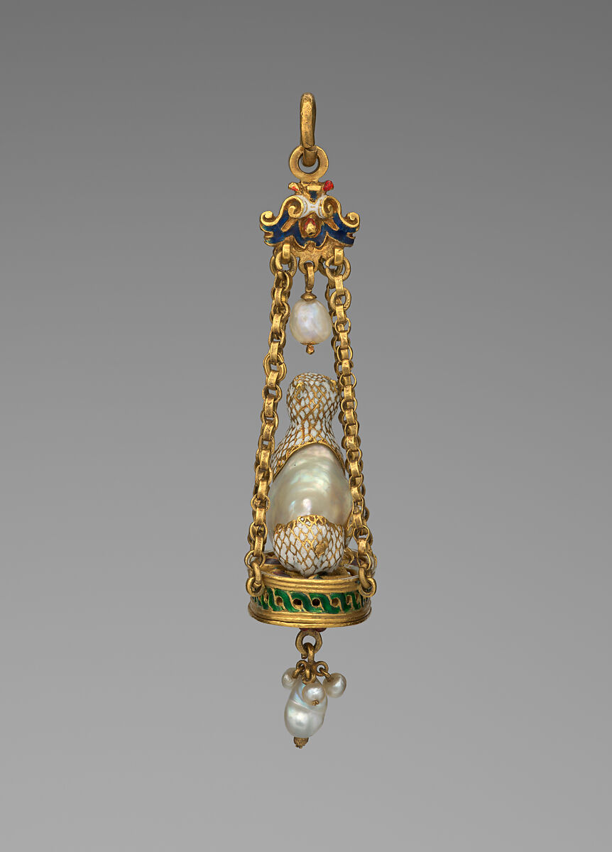 Pendant in the form of a seated cat, Baroque pearl with enameled gold mounts and with pendant pearls, probably Spanish