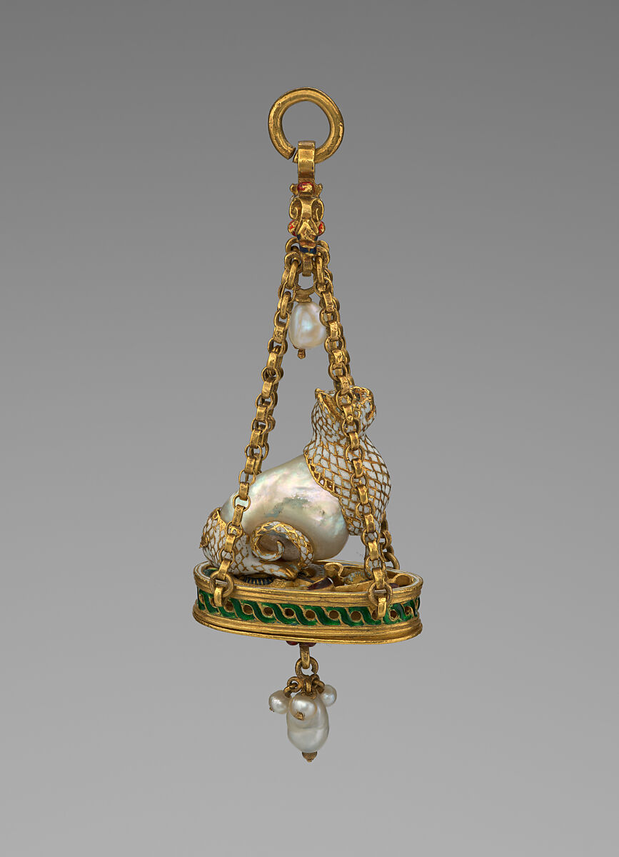 Pendant in the form of a seated cat, Baroque pearl with enameled gold mounts and with pendant pearls, probably Spanish