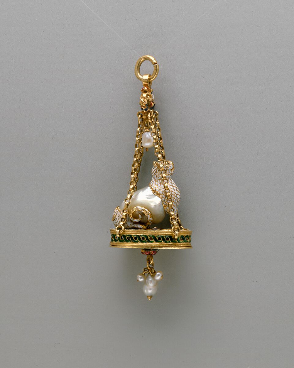 Pendant in the form of a seated cat, Baroque pearl with enameled gold mounts and with pendant pearls, probably Spanish 