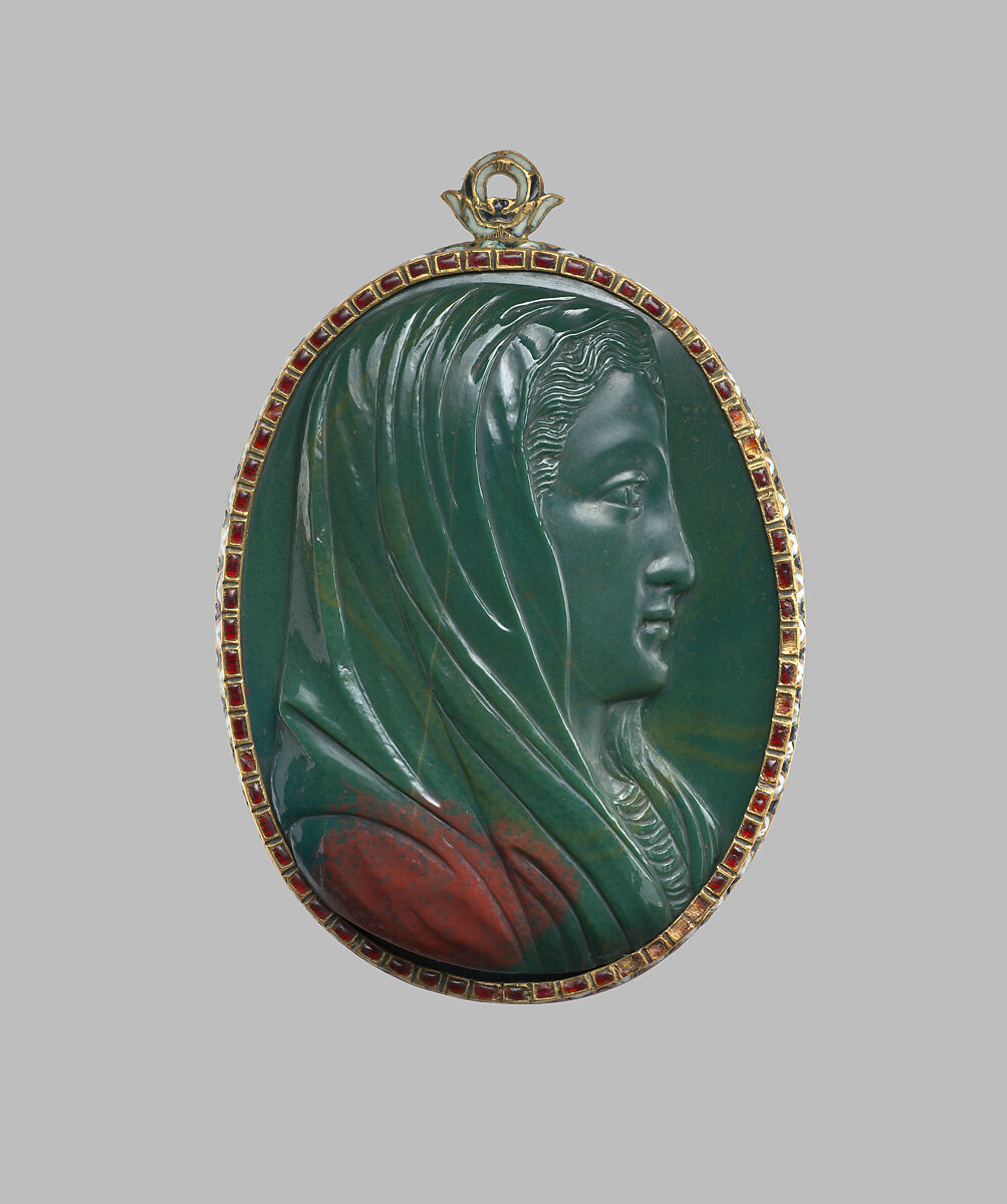 Pendant with head of the Virgin, Ottavio Miseroni (Italian, working Bohemia, 1567–1624), Heliotrope with enameled gold mount, probably Bohemian, Prague 