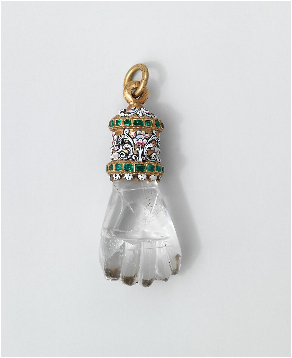 Pendant in the form of a hand, Rock crystal, with enameled gold mount set with emeralds, possibly Spanish 