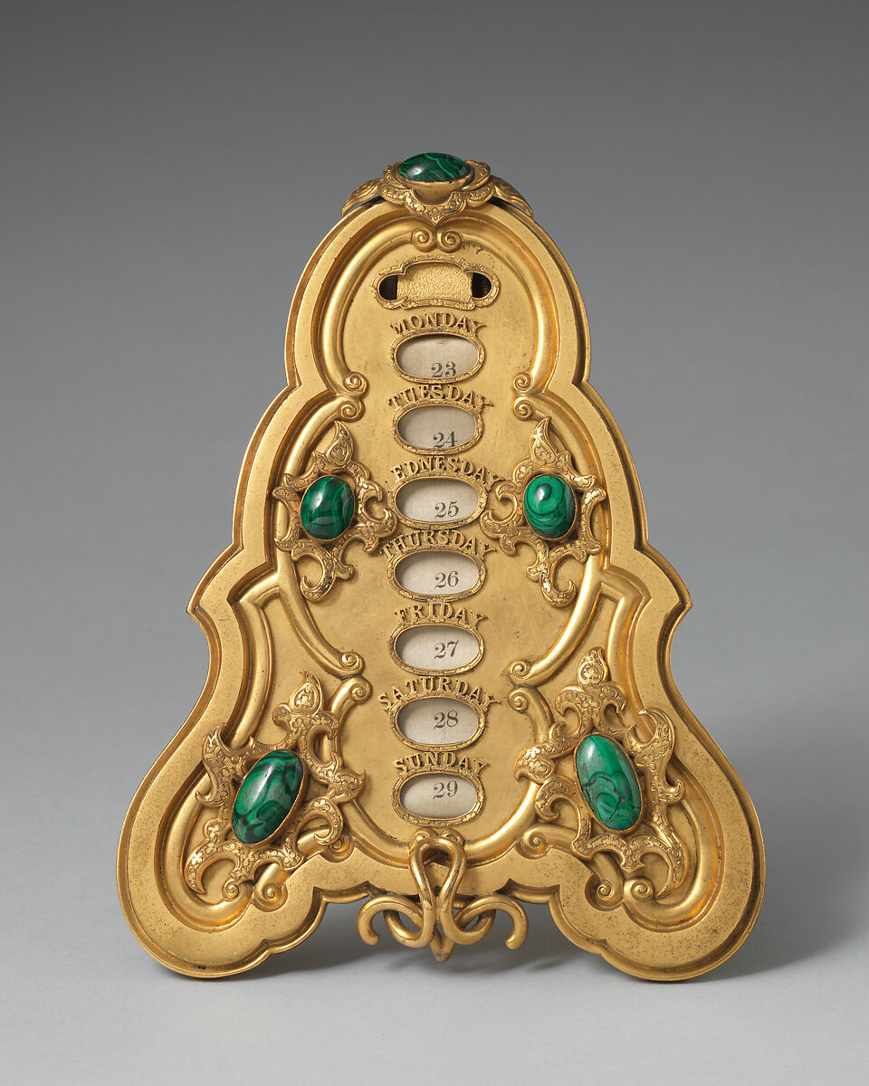 Calendar (part of a set), Asprey (British, founded 1781), Gilt bronze, malachite, British, London