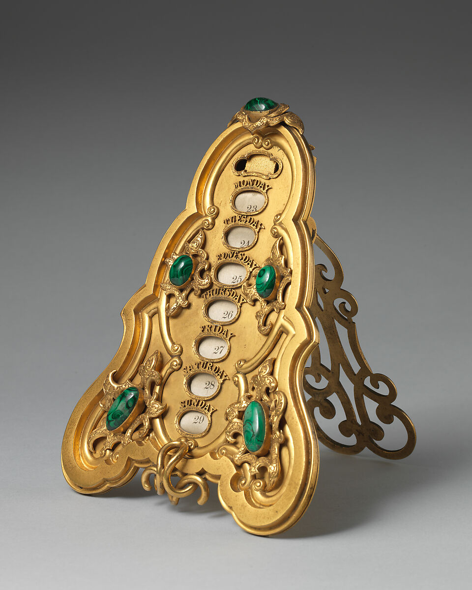 Calendar (part of a set), Asprey (British, founded 1781), Gilt bronze, malachite, British, London 