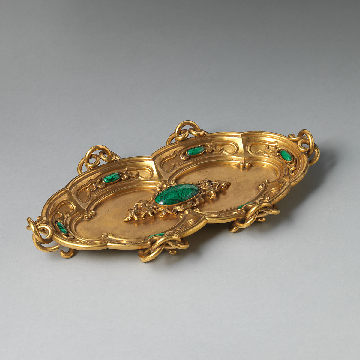 Pen tray (part of a set), Asprey (British, founded 1781), Gilt bronze, malachite, British, London 