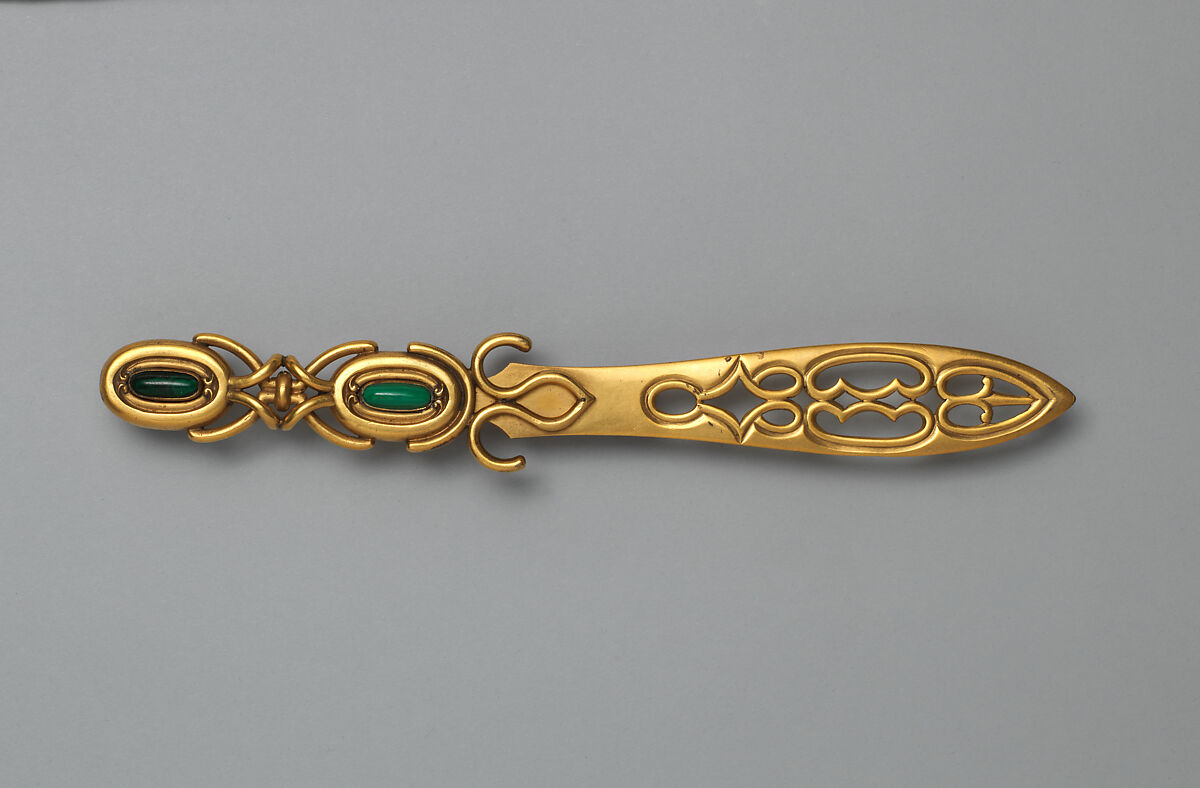 Paper cutter (part of a set), Asprey (British, founded 1781), Gilt bronze, malachite, British, London 