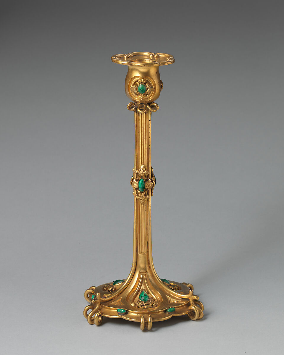 Large candlestick (one of a pair, part of a set), Asprey (British, founded 1781), Gilt bronze, malachite, British, London