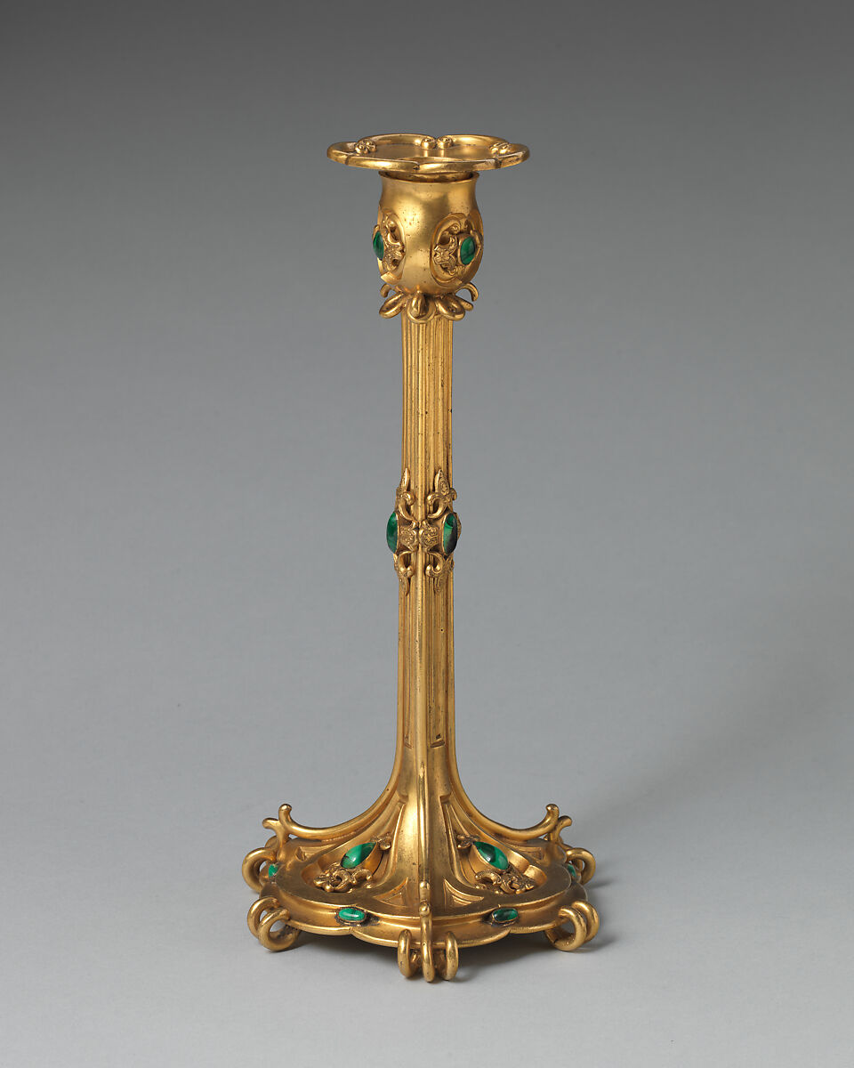Large candlestick (one of a pair, part of a set), Asprey (British, founded 1781), Gilt bronze, malachite, British, London