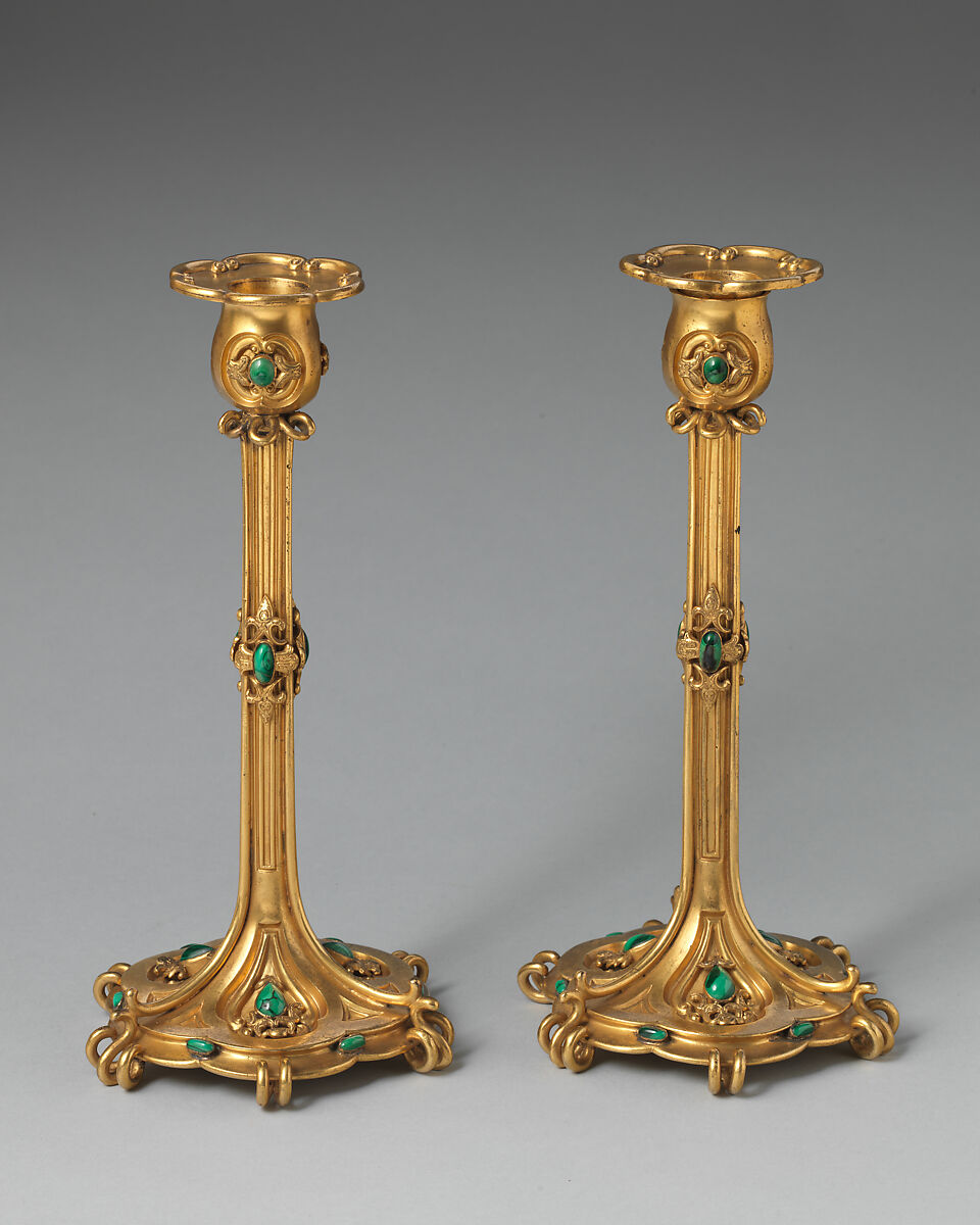 Large candlestick (one of a pair, part of a set), Asprey (British, founded 1781), Gilt bronze, malachite, British, London 