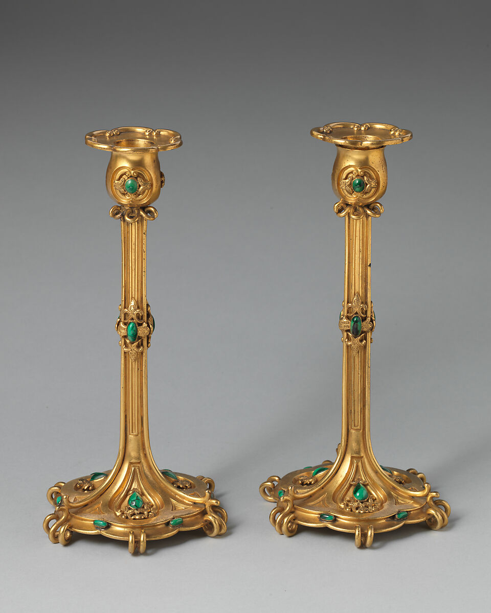 Large candlestick (one of a pair, part of a set), Asprey  British, Gilt bronze, malachite, British, London