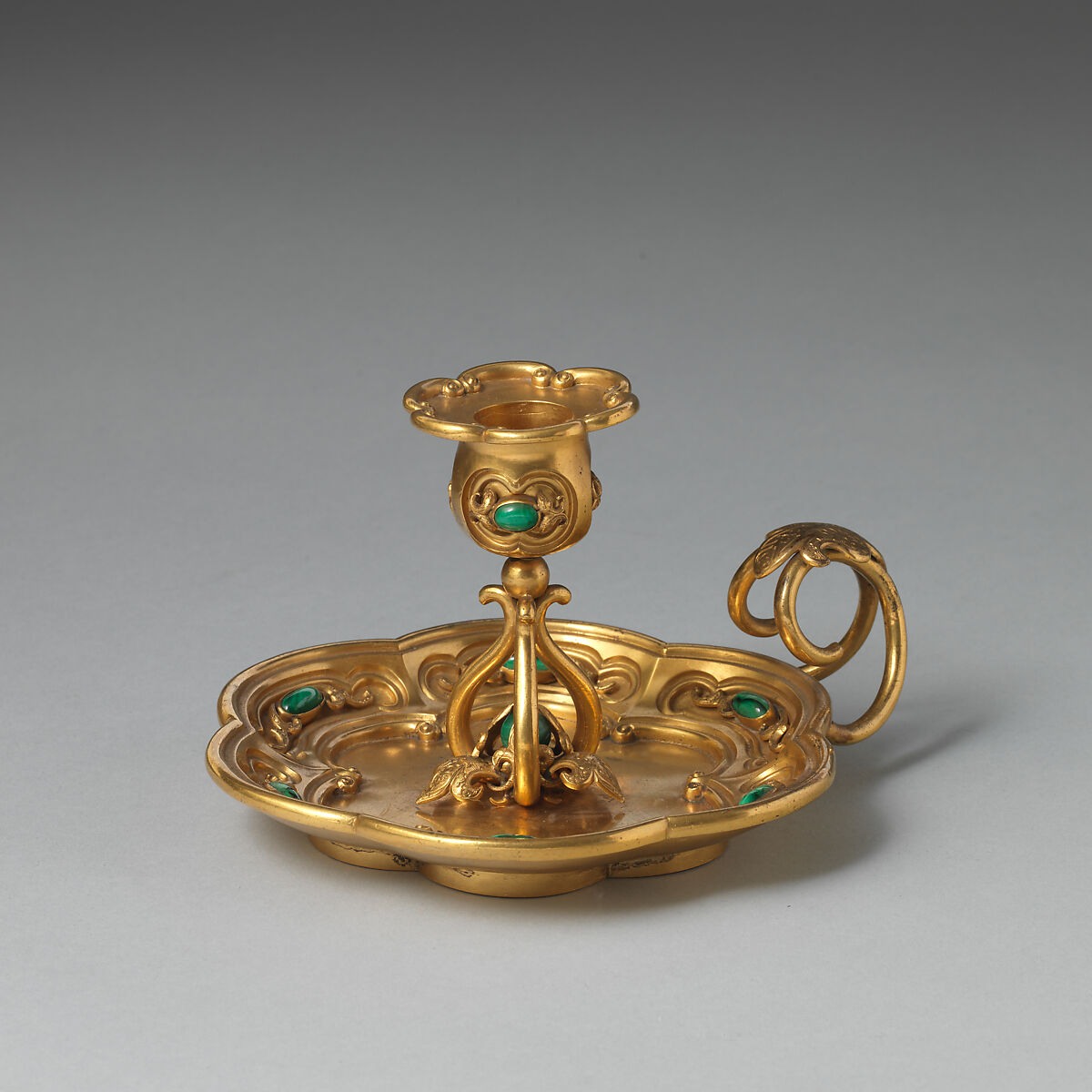 Taperstand (part of a set), Asprey (British, founded 1781), Gilt bronze, malachite, British, London 