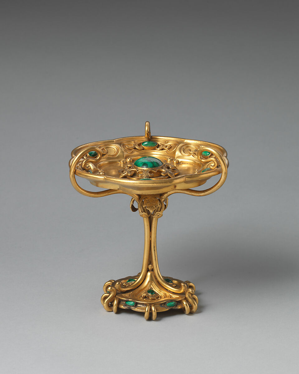 Small tazza (one of a pair, part of a set), Asprey (British, founded 1781), Gilt bronze, malachite, British, London