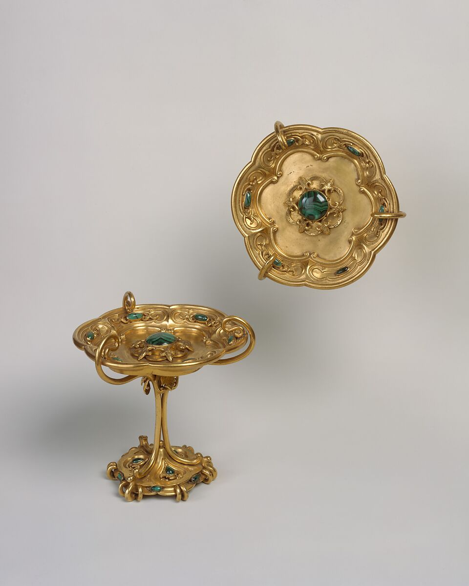Small tazza (one of a pair, part of a set), Asprey (British, founded 1781), Gilt bronze, malachite, British, London