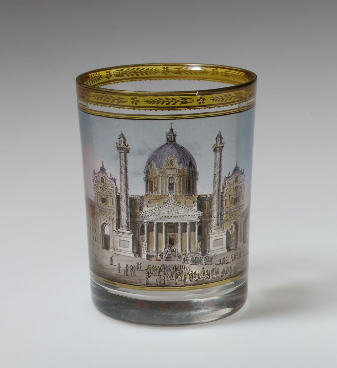 Beaker with view of the Karlskirche, Vienna, Gottlob Samuel Mohn (Austrian, Weissenfels 1789–1825 Laxenburg), Glass, enameled and gilt, Austrian, Vienna 