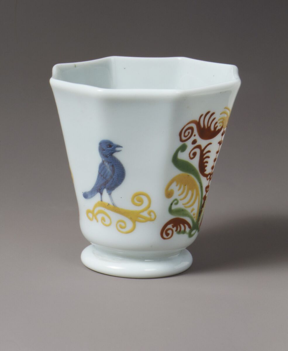 Octagonal beaker decorated with bird and trees, Attributed to followers of the Glasshouse of Bernard Perrot, Verrerie Royale d&#39;Orléans (1640–1709), Glass, French, Orléans 