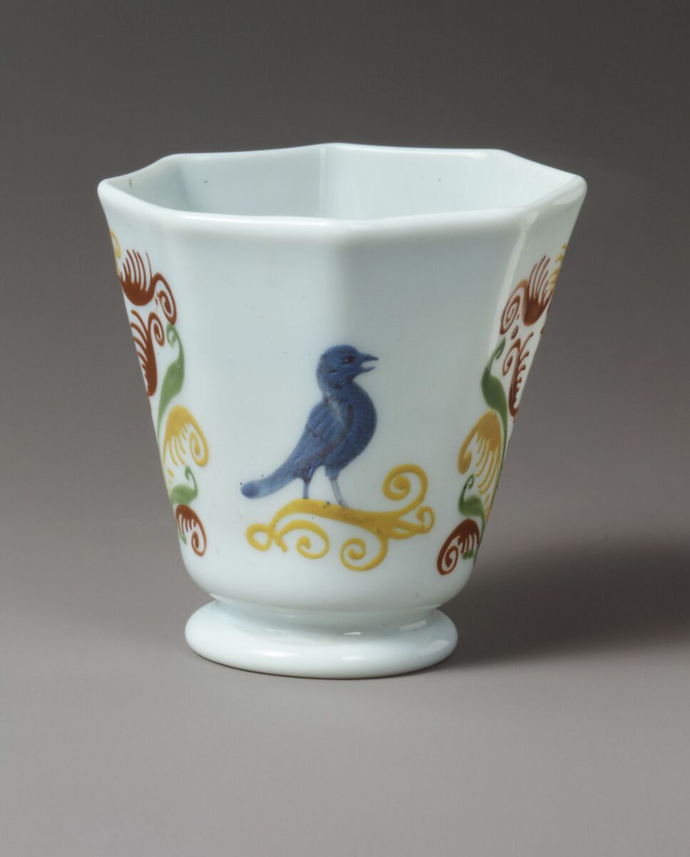 Octagonal beaker decorated with bird and trees, Attributed to followers of the Glasshouse of Bernard Perrot, Verrerie Royale d'Orléans (1640–1709), Glass, French, Orléans