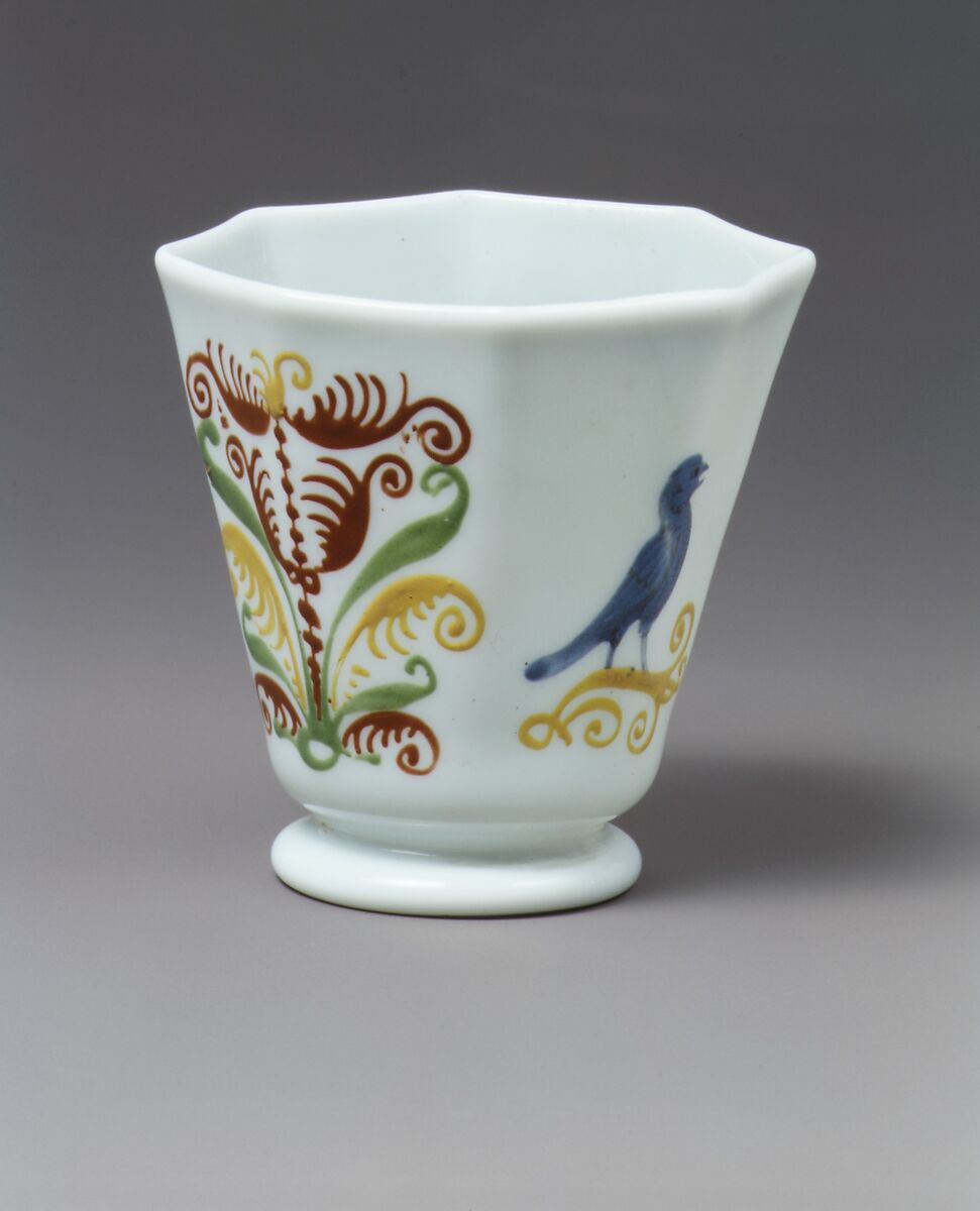 Octagonal beaker decorated with bird and trees, Attributed to followers of the Glasshouse of Bernard Perrot, Verrerie Royale d'Orléans (1640–1709), Glass, French, Orléans