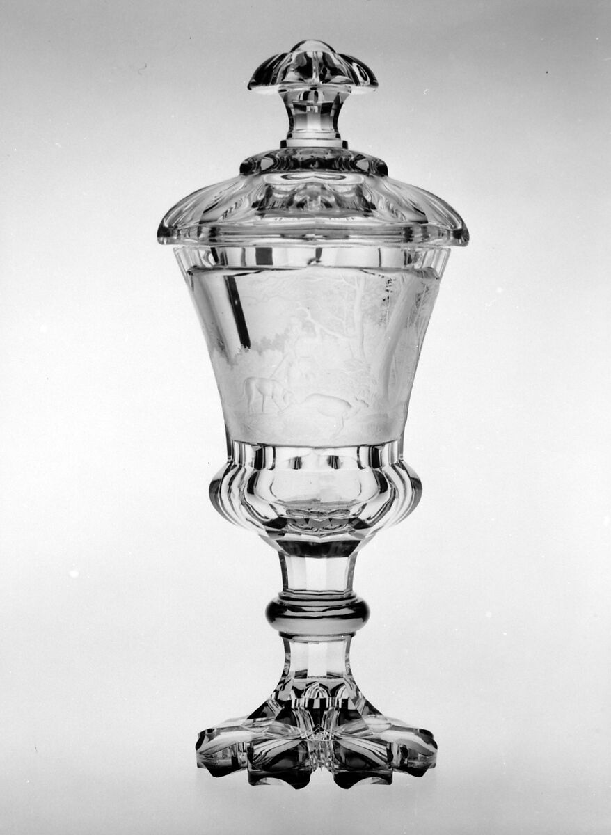 Standing cup with cover, Engraved by August Böhm (1812–1890), Glass, Austrian or Bohemian 