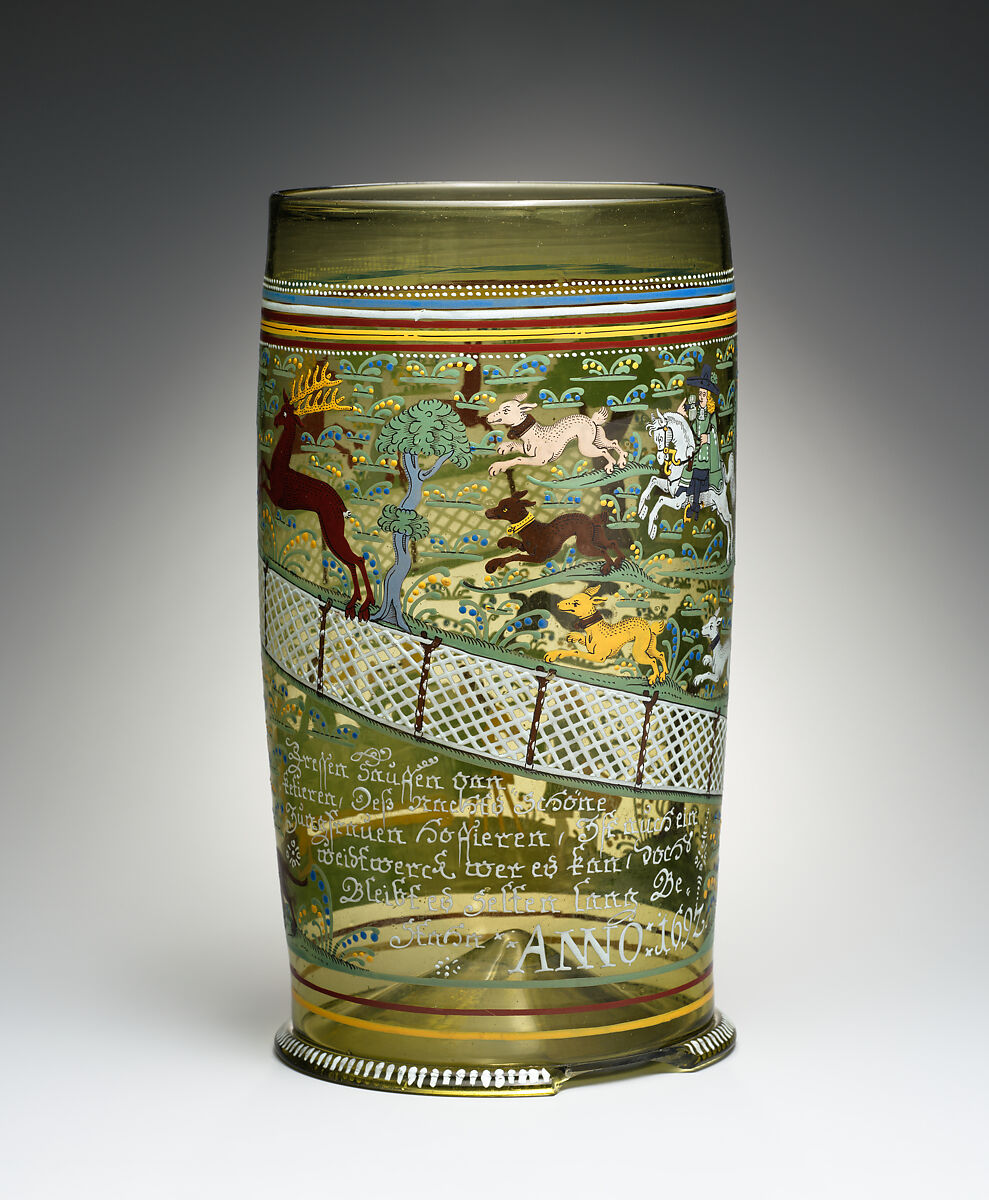 Beaker (Humpen), Glass, enameled, German, Franconia or Thuringia