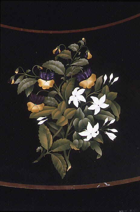 Marble-top table, Theophil Hansen (Danish, Copenhagen 1813–1891 Vienna), Belgian black marble and semi-precious stones; painted pine, ebonized fruitwood; brass, gilt bronze, Italian, Florence and Austrian, Vienna