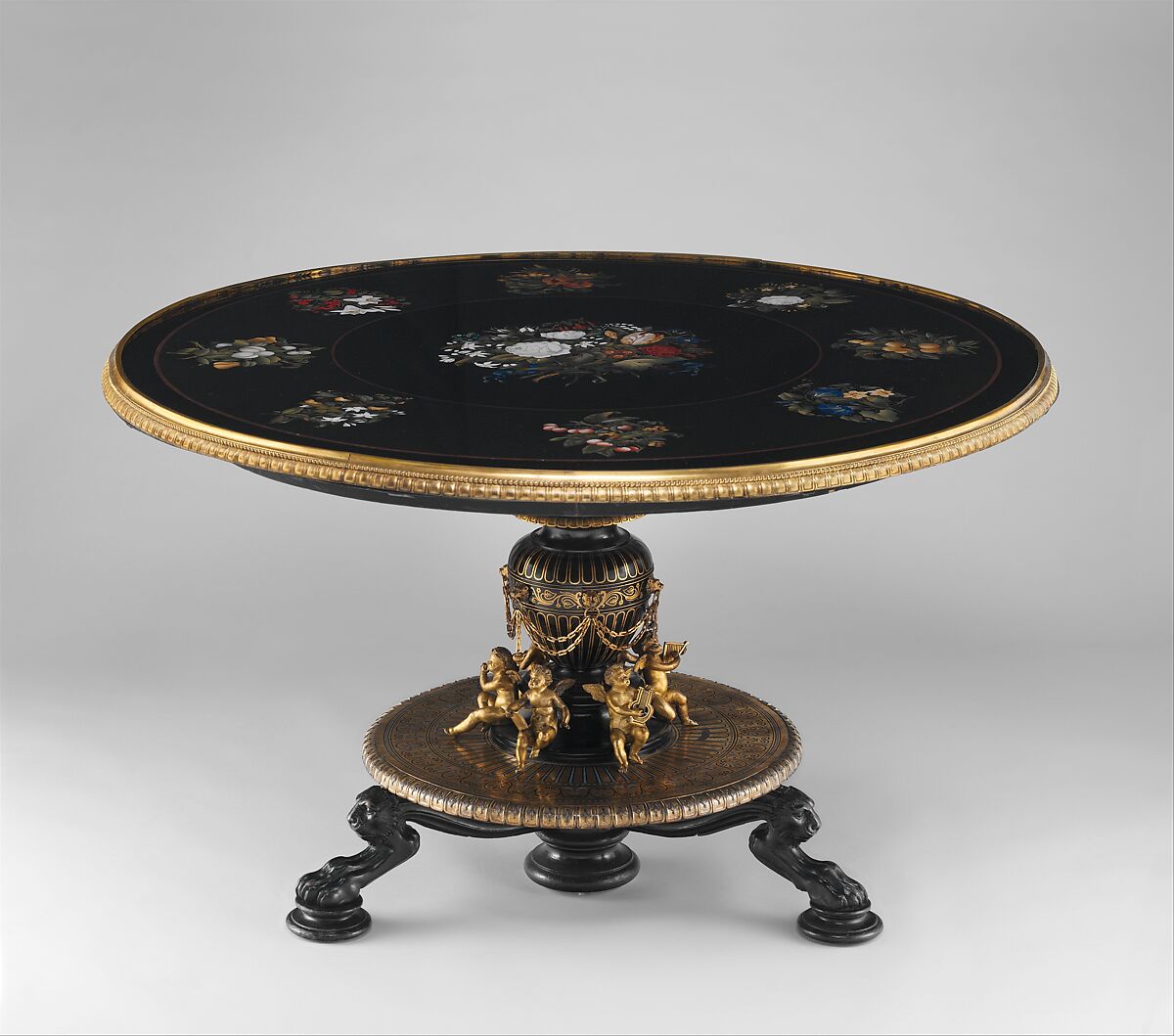 Marble-top table, Theophil Hansen (Danish, Copenhagen 1813–1891 Vienna), Belgian black marble and semi-precious stones; painted pine, ebonized fruitwood; brass, gilt bronze, Italian, Florence and Austrian, Vienna 